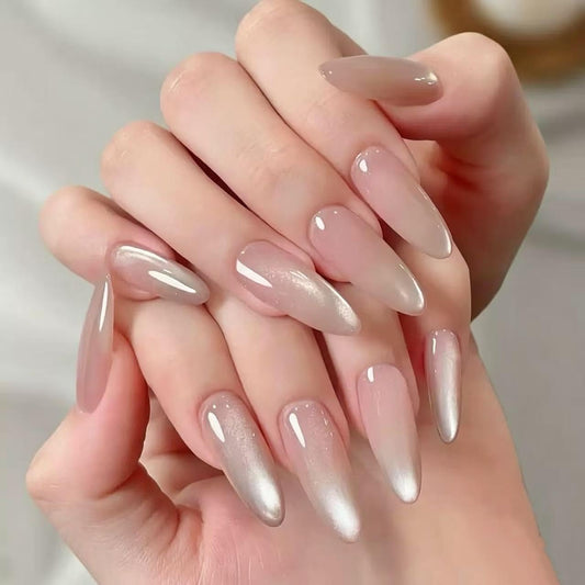 C.Z.Z.T.T.NAILS 30pcs Almond Press On Nails,Semi-Transparent Nude Cat-Eye Style, Medium Long Fake Nails with Jelly Glue for Women,Reusable and Suitable for Holiday Parties or Gifts