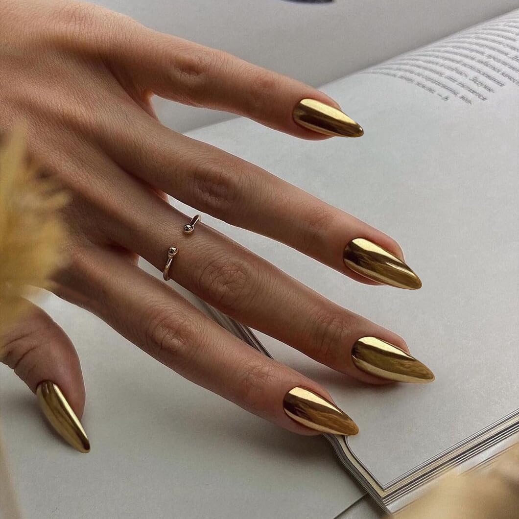 KQueenest Gold Chrome Press on Nails Medium Almond&Light Gold Chrome Press on Nails Short Medium Square For Beach Party Daily Decoration in 48 PCS