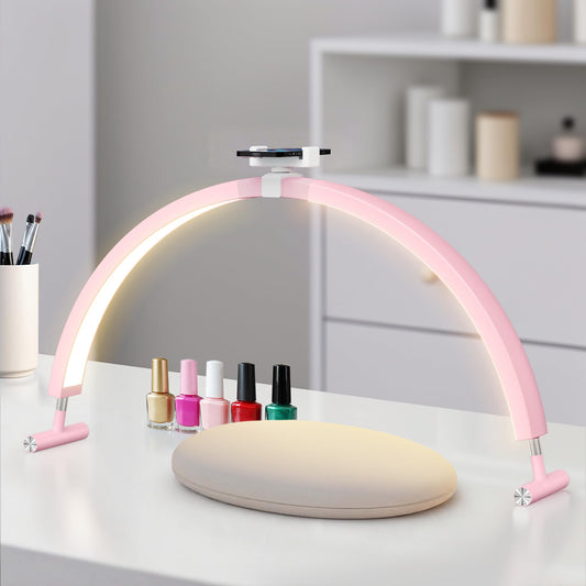 Mznoo Half Moon Light for Nail Desk, 30'' Large Half Moon Desk Lamp with Phone Holder, Professional Nail Tech Light with 3 Color Modes and 5 Brightness for Manicure Salon and Handicraft (Pink)