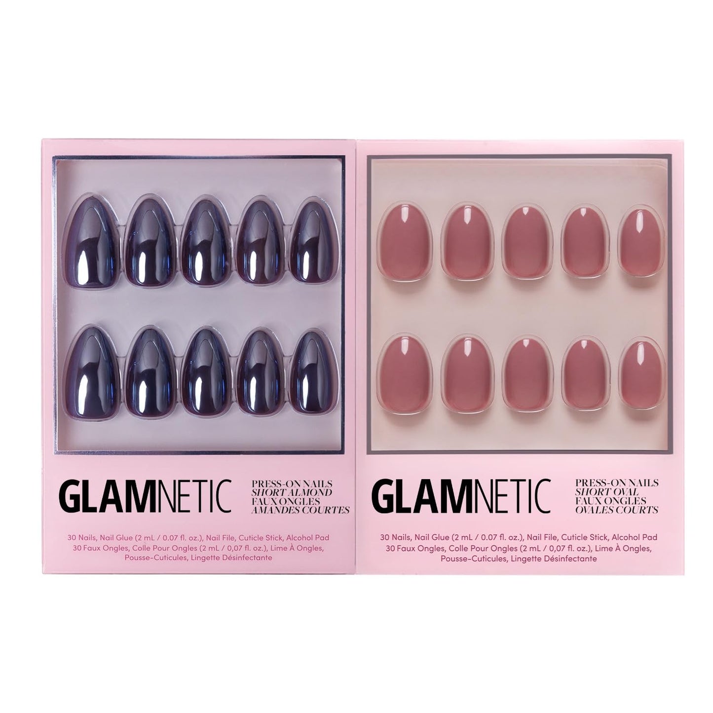 Glamnetic Press-On Nails Bundle - Burgundy Chrome & Fall Mauve | Short Almond Fake Nails with a Metallic Chrome Finish | Muted Blush Mauve Short Oval False Nails | Durable, Salon-Quality Nail Kits