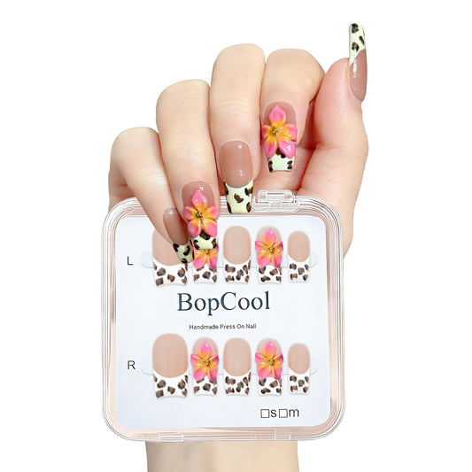 Nude Pink Handmade Press On Nails – Long Coffin French Leopard Print & Floral Rhinestone Design | Thick Acrylic Full-Coverage False Nails Spring Pattern (M-10PCS)
