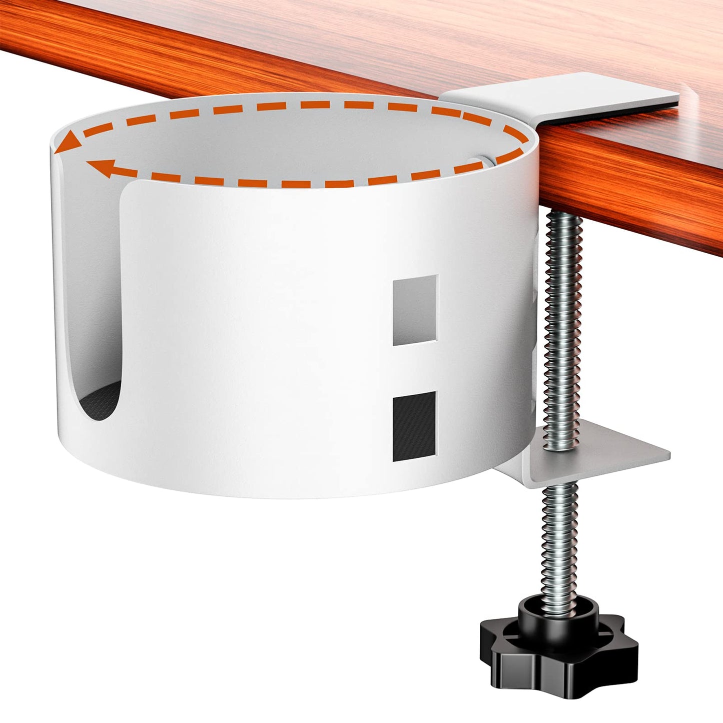 Upgraded Large Desk Cup Holder Clamp, Anti-Spill Cup Holder for Table, Durable 5 Adjustable Directions, Metal Office & PC Gaming Desk Accessories, Enough to Hold Coffee Cups, Water Bottles, White