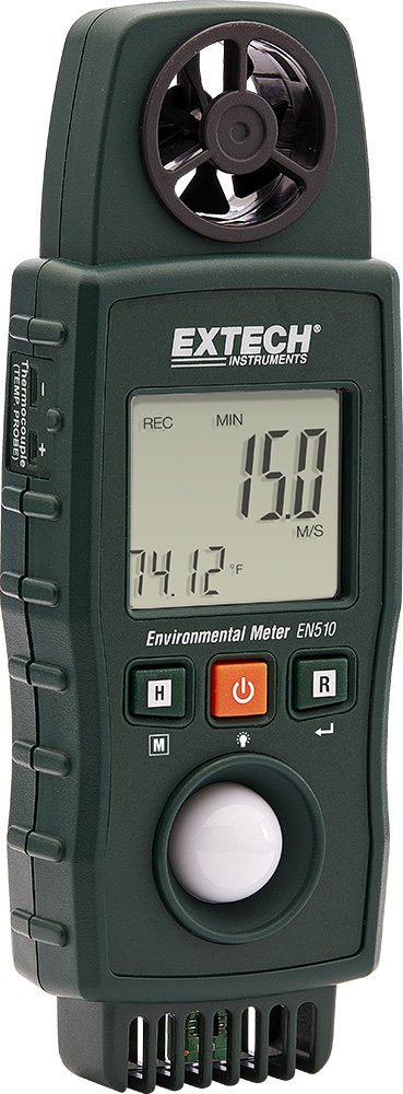 Extech EN510 10-in-1 Environmental Meter - Measures Air Velocity, Light, Sound, Temperature, Humidity, Dew Point, Wet Bulb, Heat Index, Wind Chill, Portable Multi-Function Tester with Backlit LCD