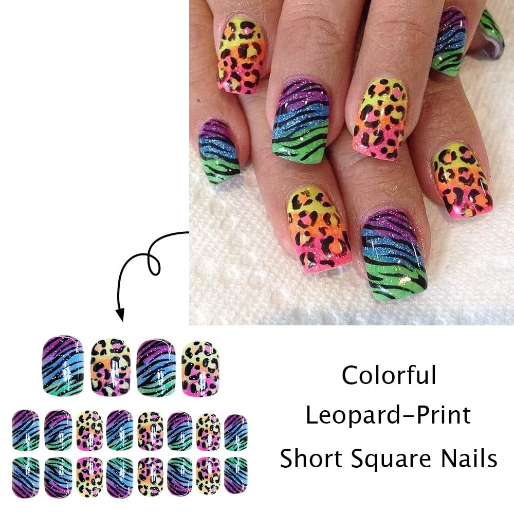 Fluorescent Leopard Print Press on Nails Medium Square Fake Nails Rainbow Leopard Print False Nails with Zebra Prints Design Stick on Nails for Women Girls Summer Manicure Decoration 24 Pcs