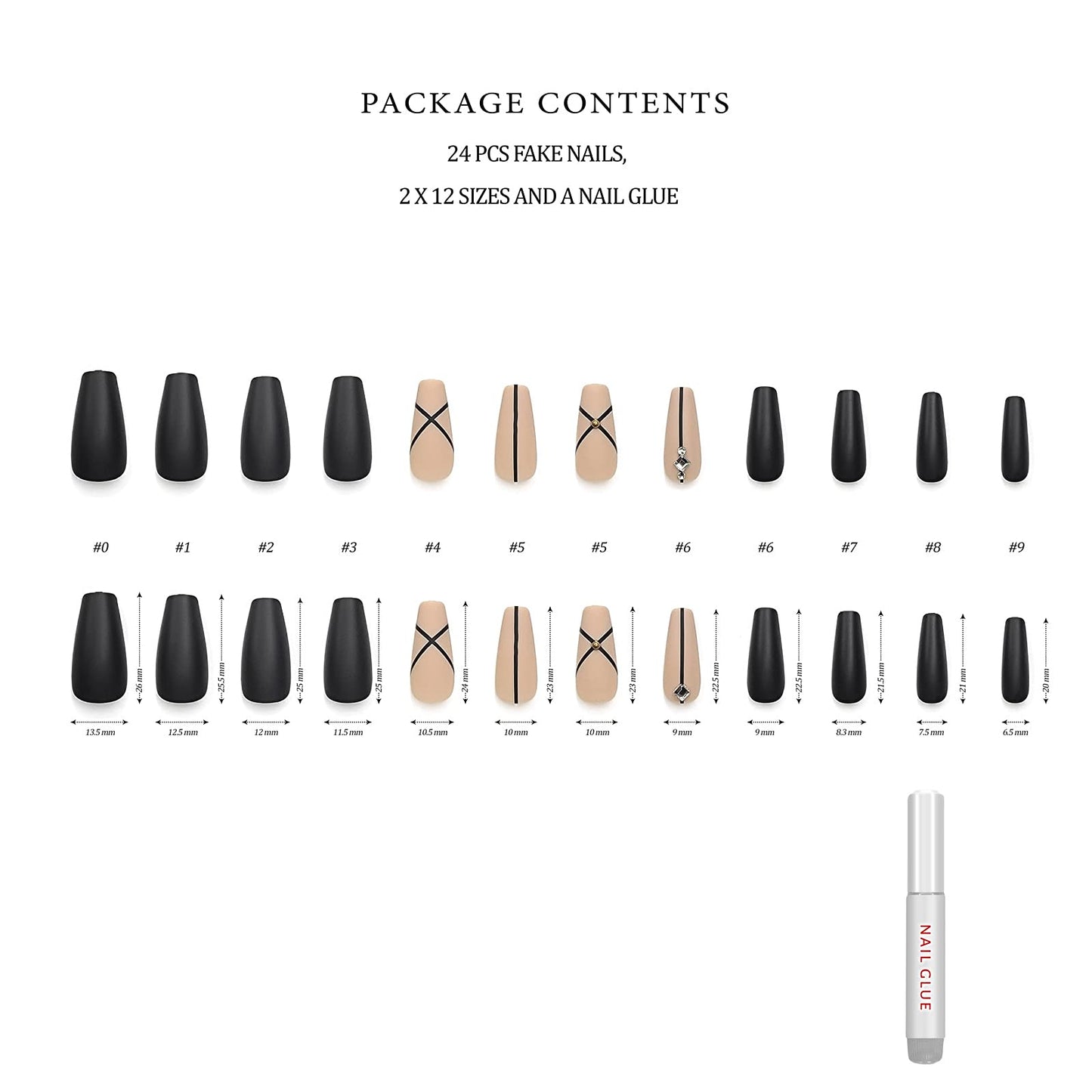 Hypnaughty 24 Pcs Monaco Black Matte and Nude Luxury Design with Rhinestones Coffin Press on Nails with Glue Medium Long Reusable Fake Nails (Monaco)