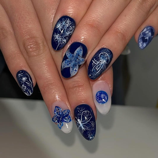plalely Almond Press on Nails Short Blue Fake Nail 3D Flowers Acrylic Nail Press ons Marine Organisms Stick on Nail for Women 24pcs