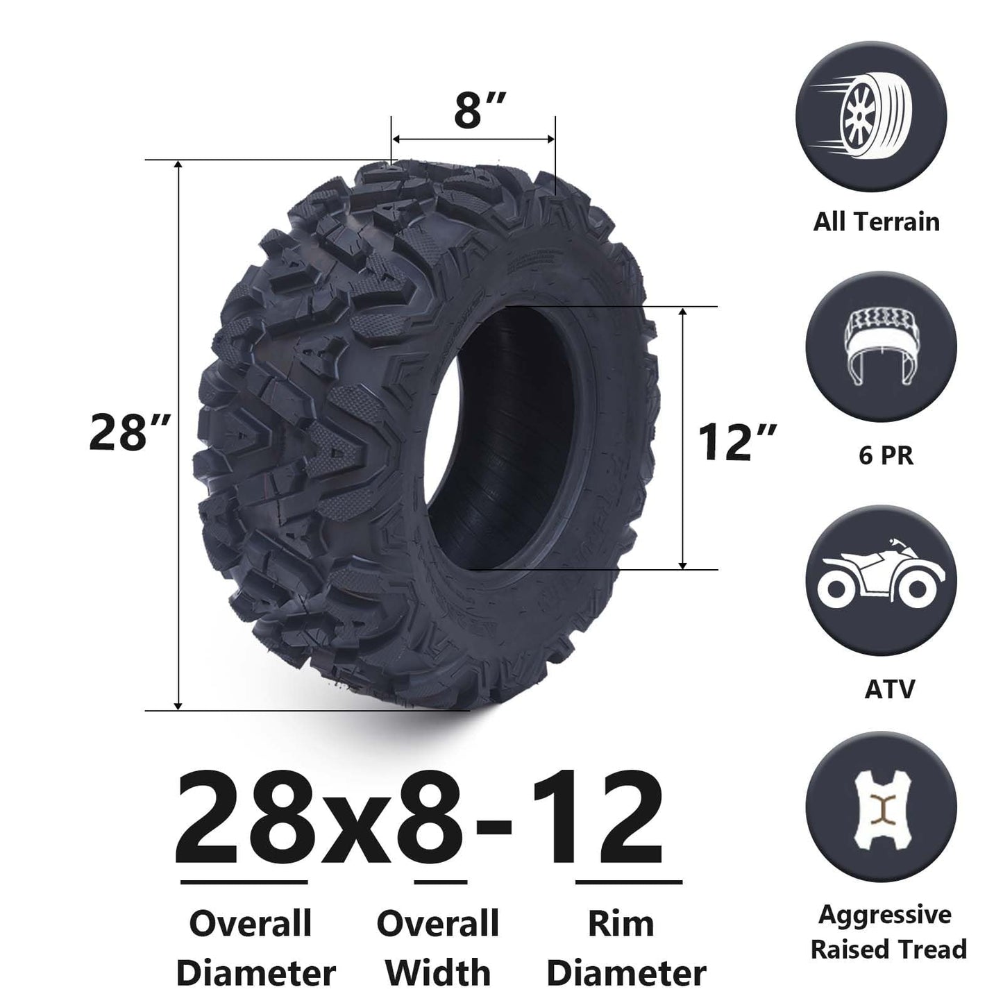 28X8-12 All-Terrain ATV Tires, Tubeless Off-Road and Mud/Trail Tires for ATVs and UTVs, Set of 2