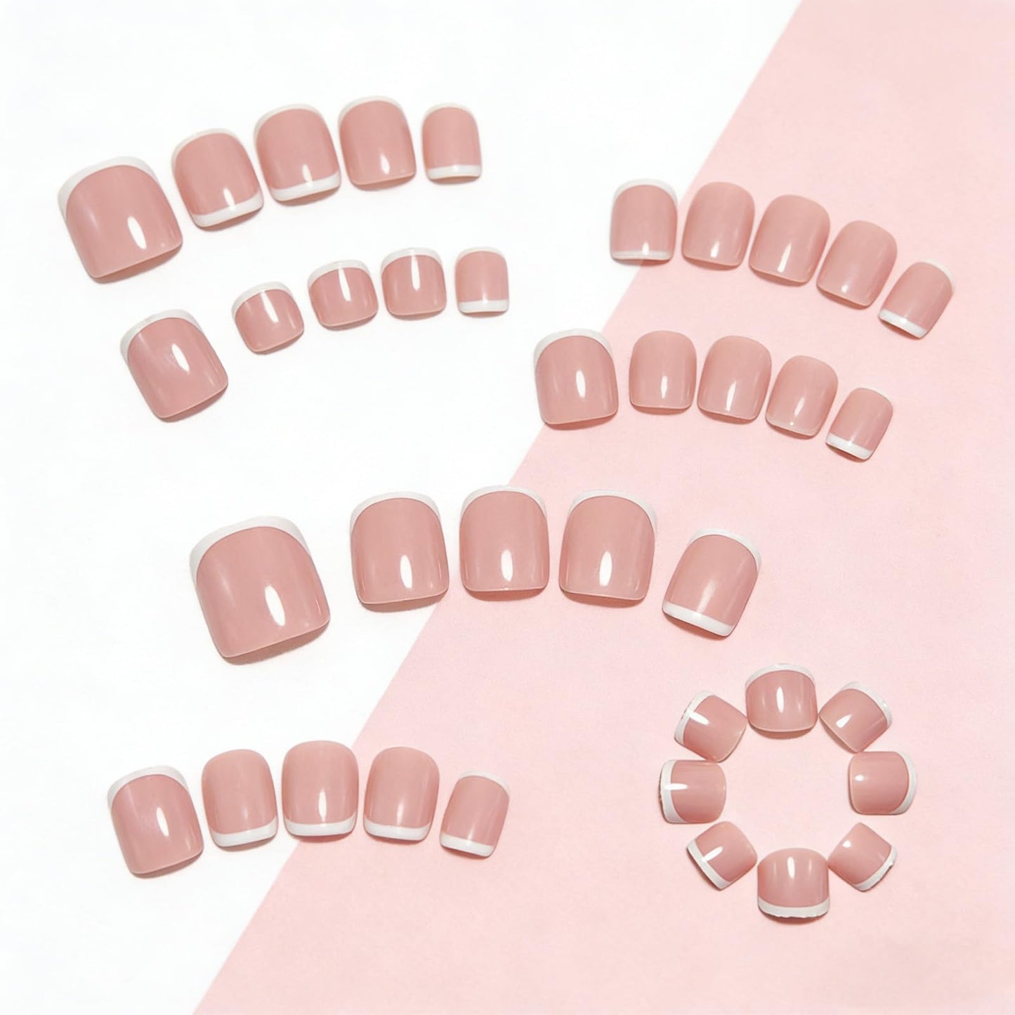 White French Tip Press on Toenails Pink Glossy Fake Toe Nails Acrylic Toenail Press ons Summer Artificial Glue on Toe Nails Short Square Toe Press on Nails for Women 24Pcs