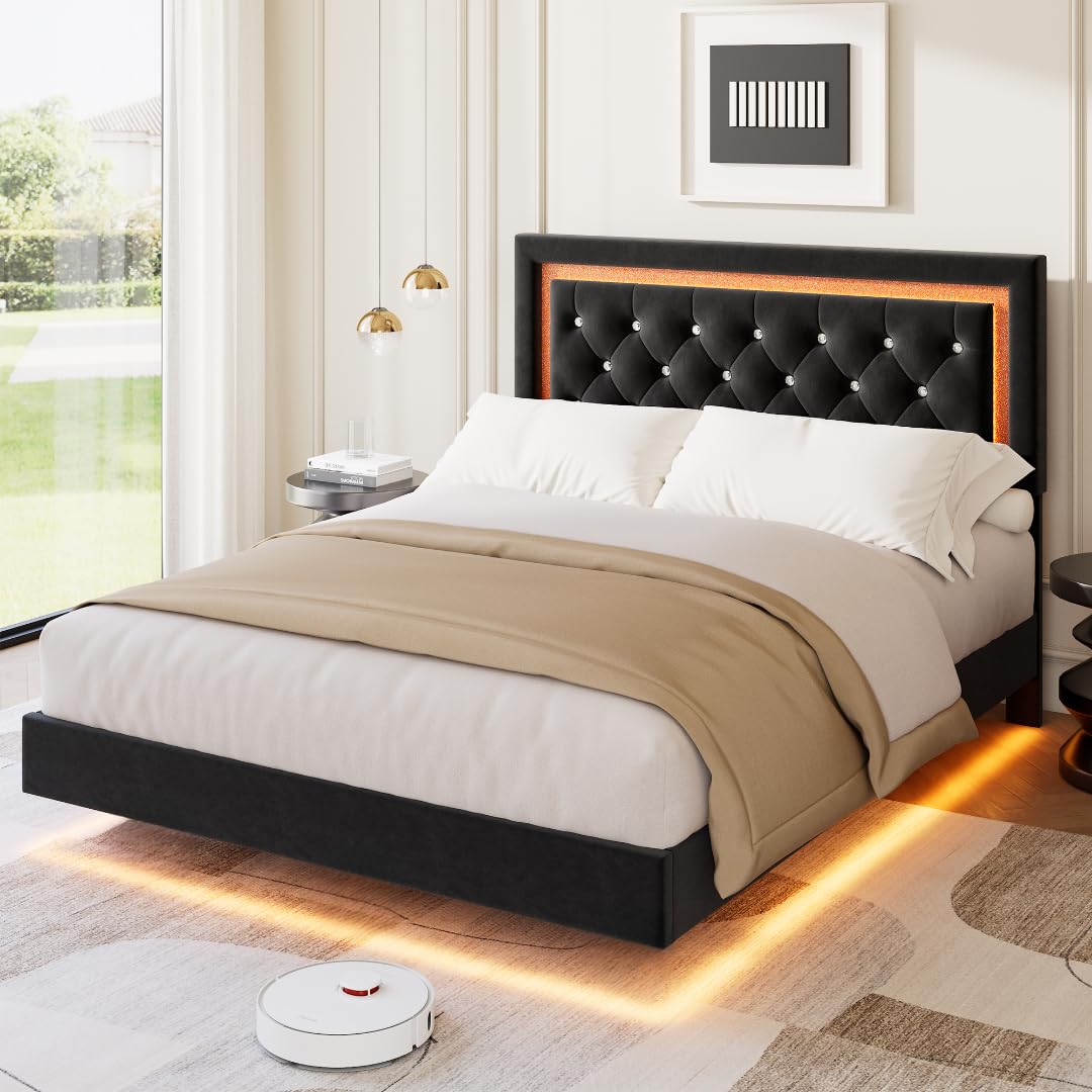 Garvee Floating Bed Frame Queen Size with Smart Led Lights, Upholstered Platform Bed with Diamond Headboard, Solid Wood Slats Support, No Box Spring Needed, Noise-Free, Easy Assembly, Black