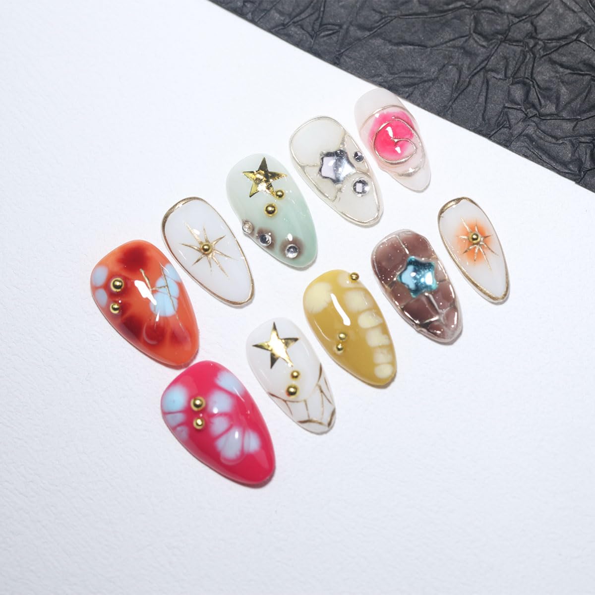 10Pcs Short Almond Handmade Press On Nails | Easy Apply & Remove, Reusable Salon Quality Nails | Colorful Y2K Fake Nails with 3D Star, Gold Accents & Rhinestone (RR06,M)