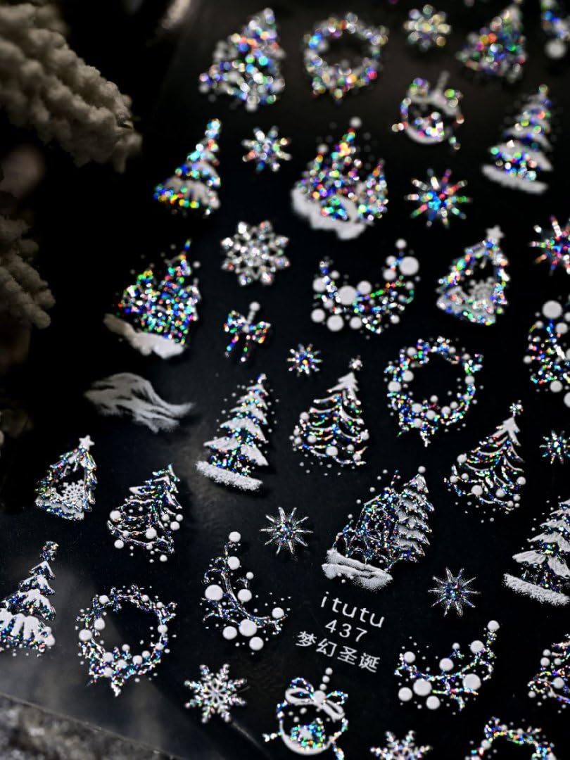 5D Embossed Christmas Nail Art Stickers Silver Nail Stickers Self-Adhesive Xmas Tree Elk Snowflakes Nail Decals Winter Xmas Holiday Manicure DIY Nail Supplies for Women Girls