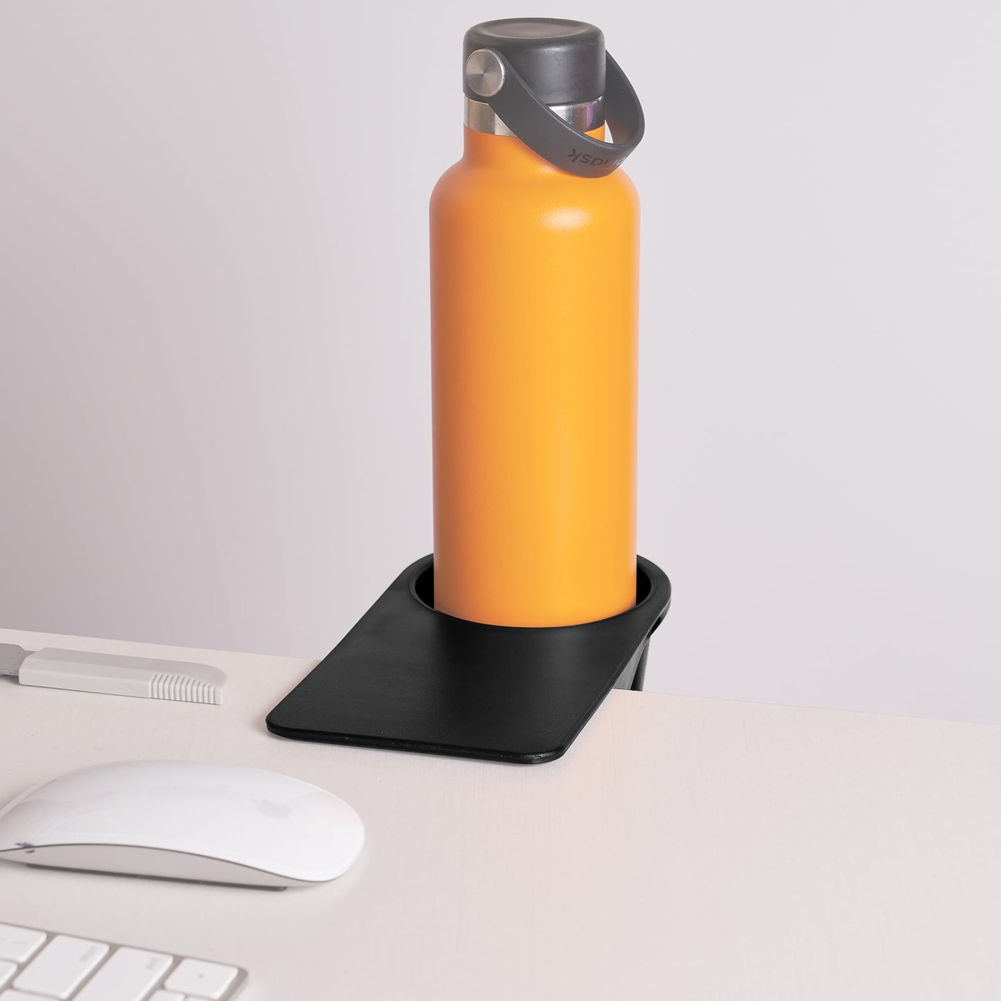 AISLE 3 ESSENTIALS Desk Cup Holder Clamp, Clip On Cup Holder for Desk, Anti Spill Drink Holder with Phone Slot, Clamp On Holder for Coffee Mug Water Bottle Gaming Desk