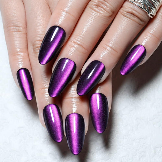 XZMeiLun Cat Eye Purple Press On Nails Almond Medium, Magnetic Acrylic Fake Nails Stylish Design, Salon-Quality Shiny Finish, Reusable Stick On Nails Kit for Women, Daily Wear (No Glue Included)