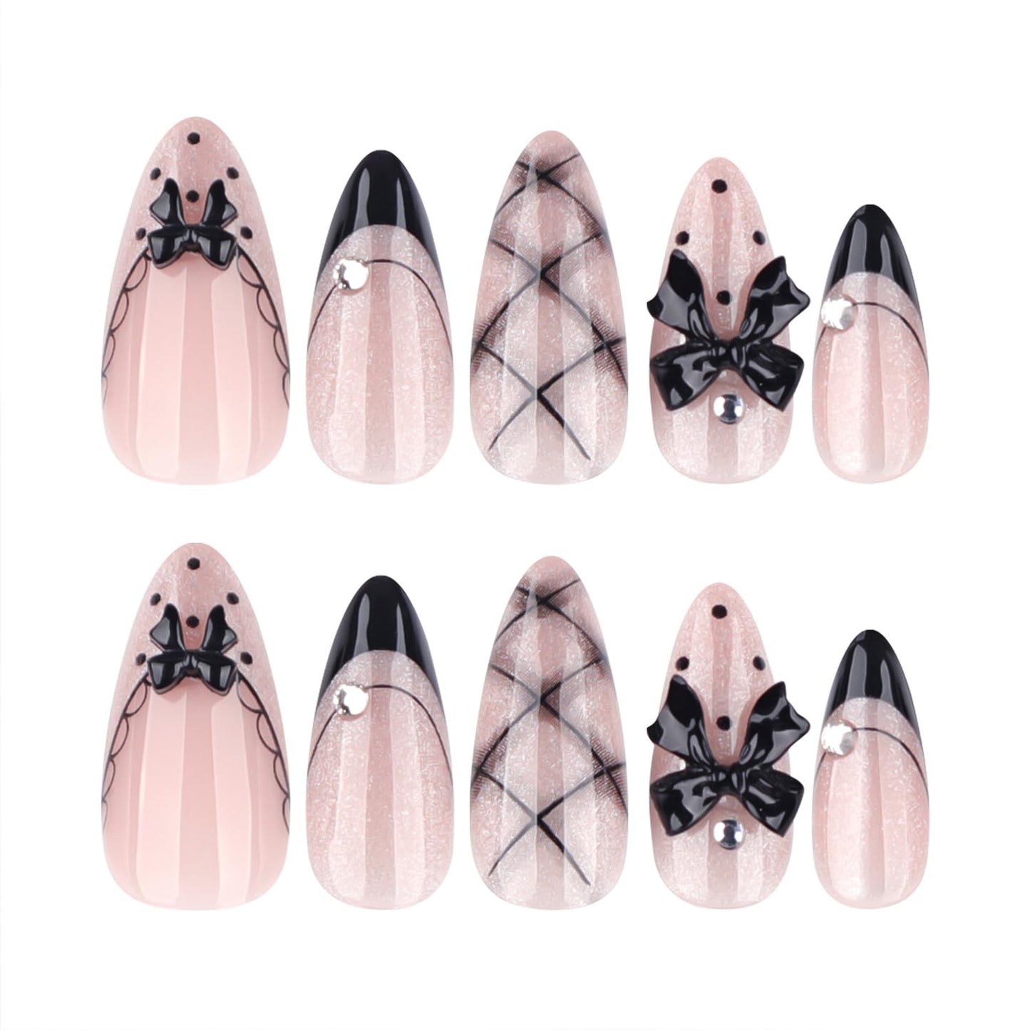 Black Silver Glitter Press on Nails Almond Shape, French Tip Grid Bowknot Design, Glossy Nude Base, Cute Cool Style False Nails for Girls and Women with Rhinestones, Daily Party Nail Art