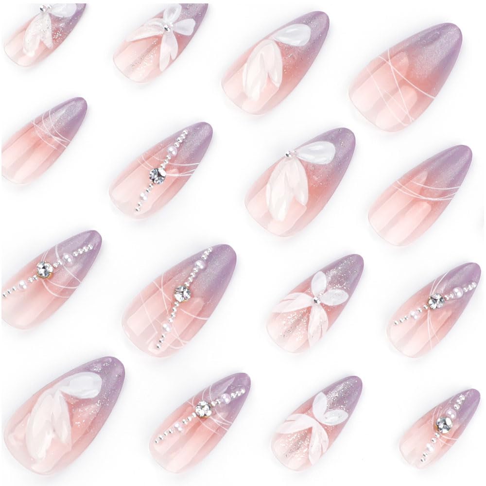 24Pcs Medium Almond Press on Nails - Pink Glitter Gradient Fake Nails with 3D White Butterfly Rhinestone Pearl Design Glossy Full Cover Acrylic Nails Reusable False Nails for Women Wedding Daily Wear