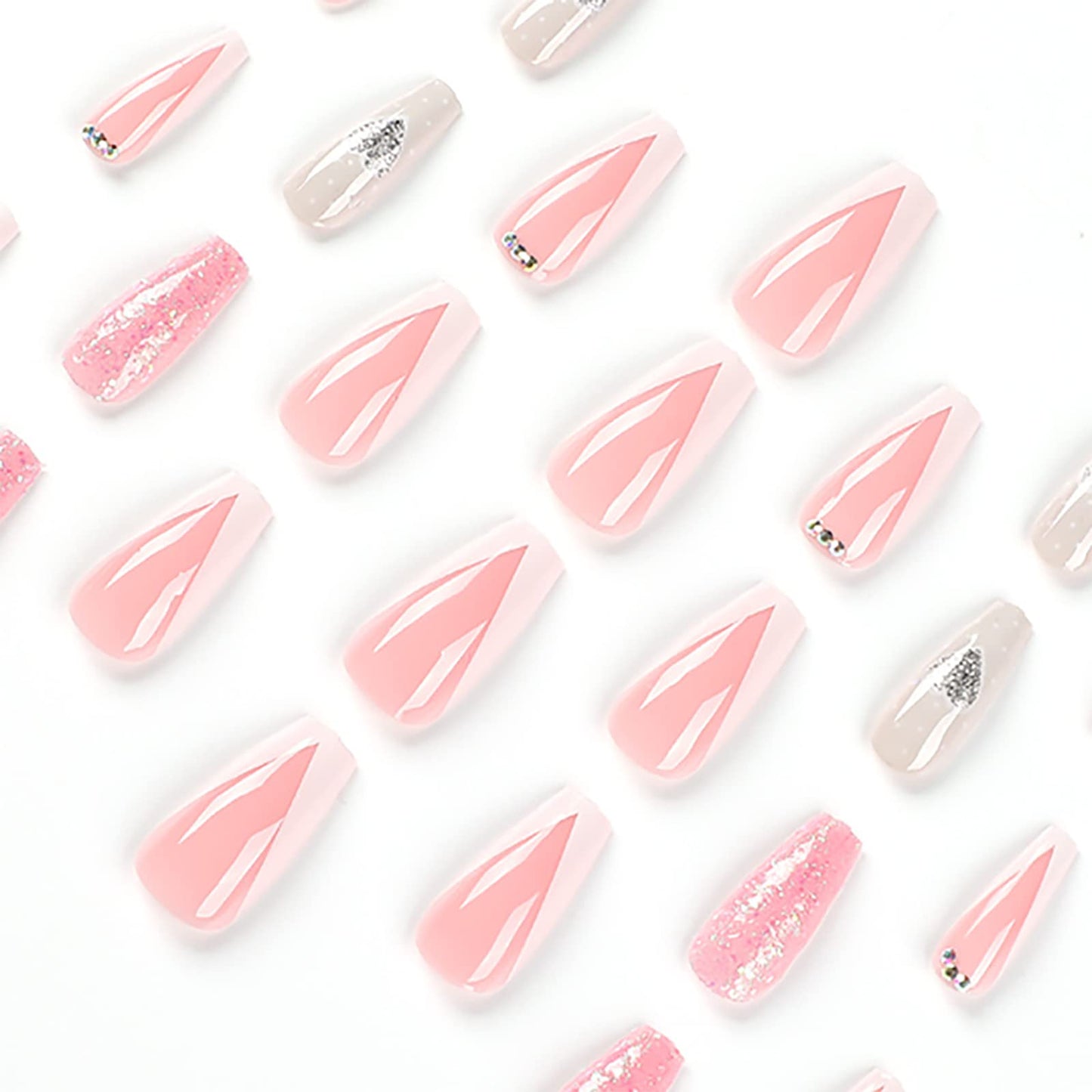 24Pcs Press on Nails Medium French Square Fake Nails Glitter Heart/Love False Nails Glossy Acrylic Glue on Nails Full Cover Stick on Nail for Women Decorations