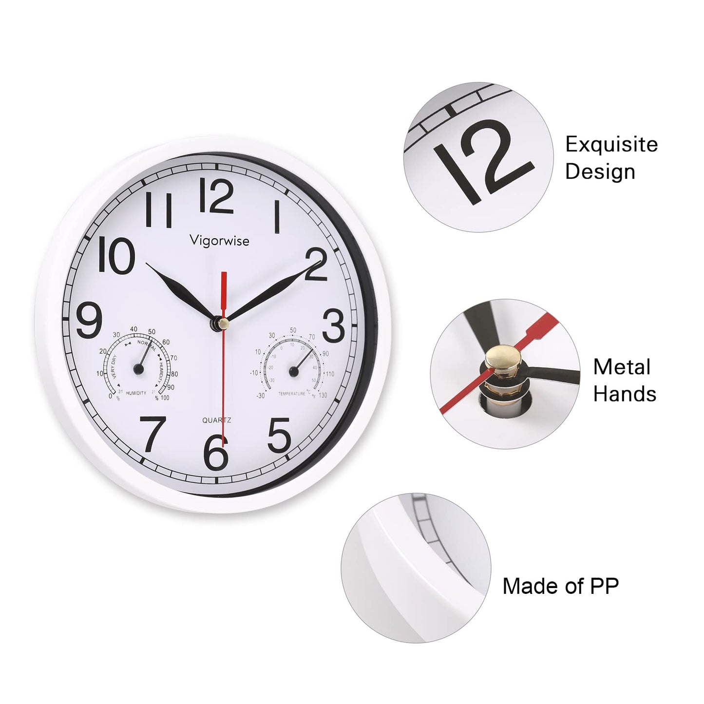 Vigorwise 8 Inch White Wall Clock, Sweep Silent Movement Accurate Clocks with Temperature & Humidity, Decorative for Kitchen/Living Room/Bedroom/Office/School/Classroom