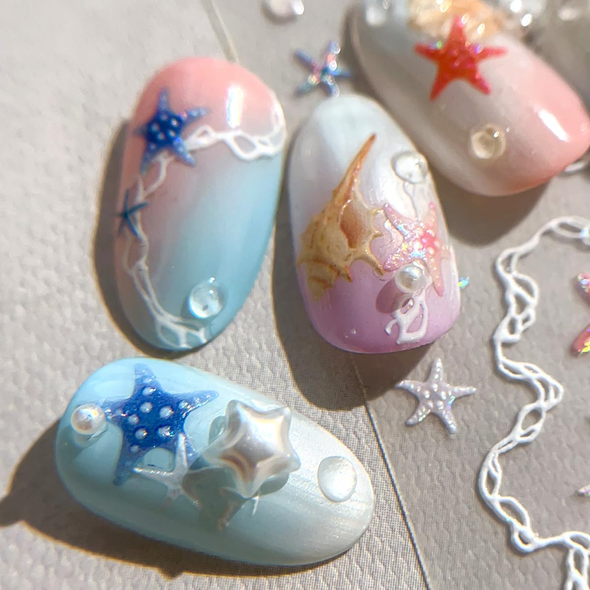 5D White Embossed Nail Stickers Beach Shell Nail Art Stickers Summer Nail Decals Self-Adhesive Star Sea Waves Starfish Designs Nail Art Decals Acrylic Nails DIY Supplies for Women Girls Manicure