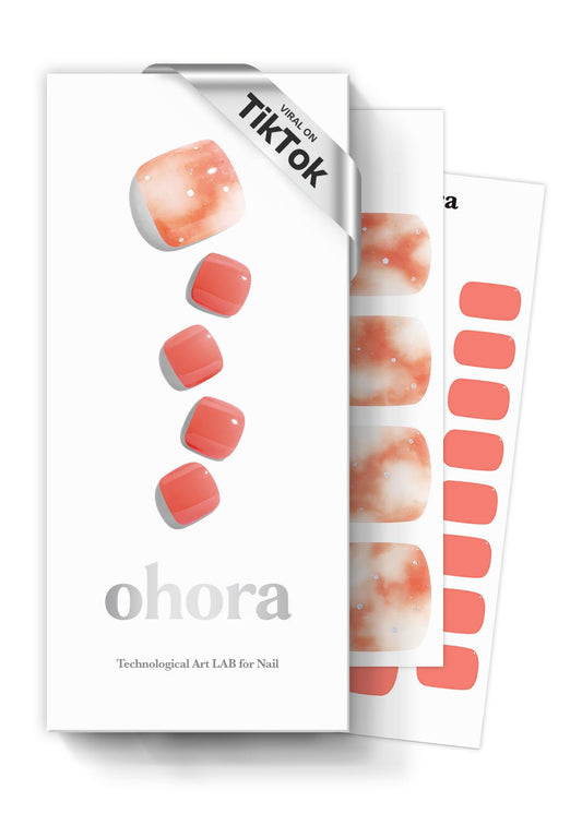 ohora Semi Cured Gel Pedi Strips (P Arman) - Orange, Marble, Works with Any UV/LED Lamps, Salon-Quality, Long Lasting, Easy to Apply & Remove - Includes 2 Prep Pads, Nail File & Wooden Stick