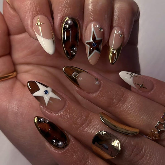 HPYFOI Press on Nails Medium Almond - Y2K Star & Brown Tortoise Fake Nails,French Tip Reusable Glue on Nails for Women Manicure 24Pcs