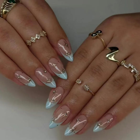 Handmade Press On Nails Soft Gel French Tip Press On Nails, Almond Glue On Nails with Nail Glue, Reusable Stick On Nails 10PCS (MT-103, M)