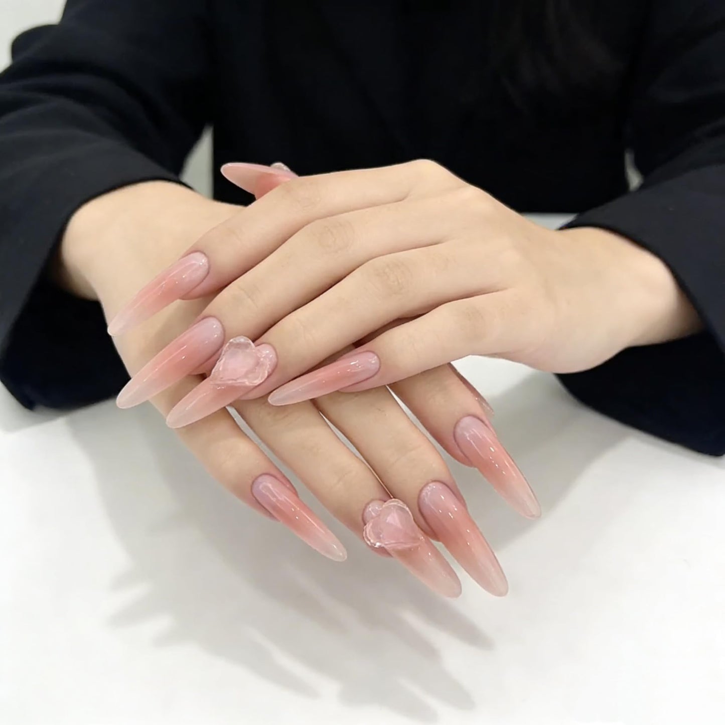 C.Z.Z.T.T.NAILS Press On Nails with 3d Heart Diamonds - Nude Pink Fake Nails,Long Almond-Shaped False Nails,Perfect Fake Nails for Women, 30pcs with Jelly Glue