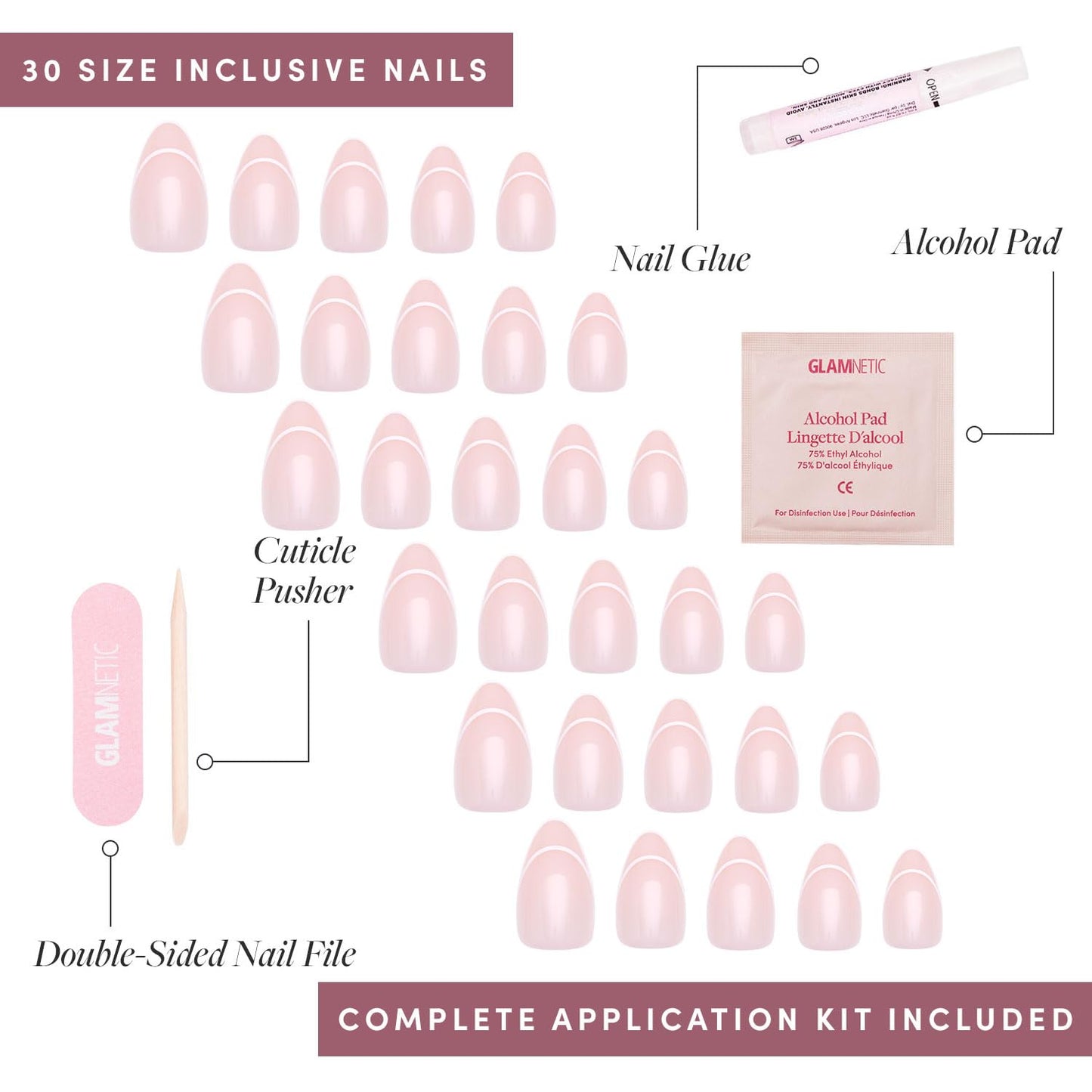 Glamnetic Press-On Nails & Adhesive Nail Tabs - Heavenly | Nude Trendy French Tip Short Almond Fake Nails | 15 Sizes - 30 Nail Kit with Adhesive Tabs