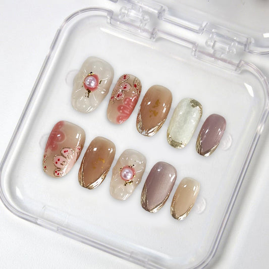Press on Nails Almond Golden French Tips Nails Thick Acrylic and Muti-Layer Gel Fake Nails Handmade Acrylic Nails with Sweet Flower Pearl Design Full Cover Short Stick on Nails Nail Kits for Women (M)