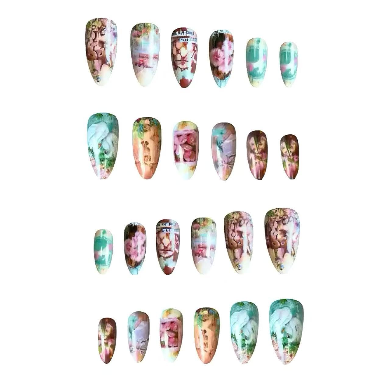 C.Z.Z.T.T.NAILS Fairytale Garden Press-On Nails, 24 Pieces Almond Shaped Artificial Nails with Swan and Floral Art Design, Reusable False Nail Tips in Pastel Colors