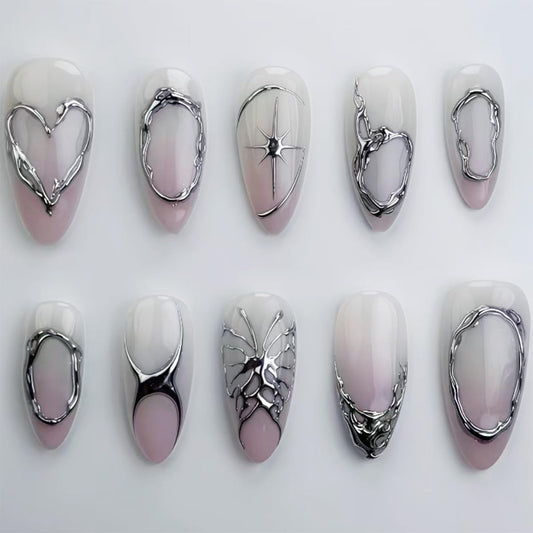 Mkwntg 24Pcs Ombre Press on Nails Medium Almond Fake Nails with Silver Chrome Design Star Heart Round Line Full Cover Acrylic Nails Pink White Gradient French Tip Stick on Nails for Women Manicure