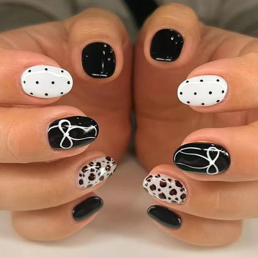 Black White Press on Nails Medium Oval Fake Nails Glossy False Nail with Designs Polka Dot | Leopard | Bow,Y2K Reusable Glue on Nail Full Cover Stick on Nails for Women Manicure 24Pcs