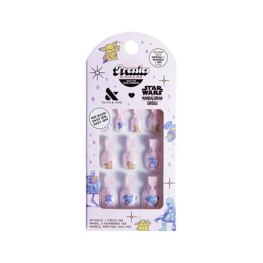 Olive & June Pressies Kids Press-On Nails (No Glue) | Star Wars: The Mandalorian & Grogu | 28 Fake Nails, 14 Sizes, 1 Nail File | Easy On-Off Mani Non-Toxic Tabs | XS/S, Round | Grogu + Mando = BFF