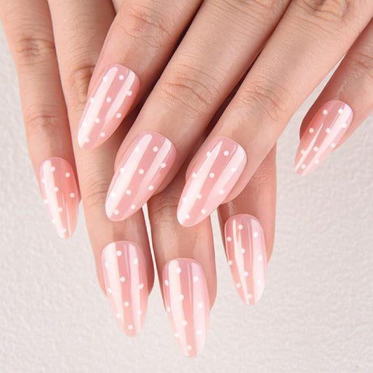 evpct Nude Pink Glazed Press on Nails Medium Almond No Glue, Medium Almond with White Dot Design Chrome Metallic Aurora Stick on Nail for Women, Reusable Full Cover Soft Press on Fake Nail
