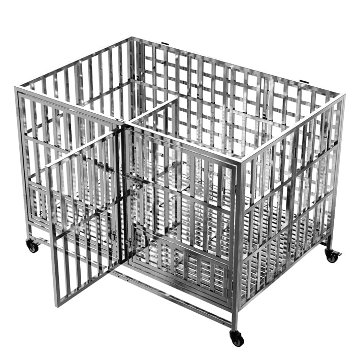 FoQualy Collapsible Stainless Steel Dog Crate, 30" 37" 42" 48" Sizes, Lockable Wheel, with Tray, Stackable, Heavy Duty, Divider, Indoor and Outdoor (48insm)