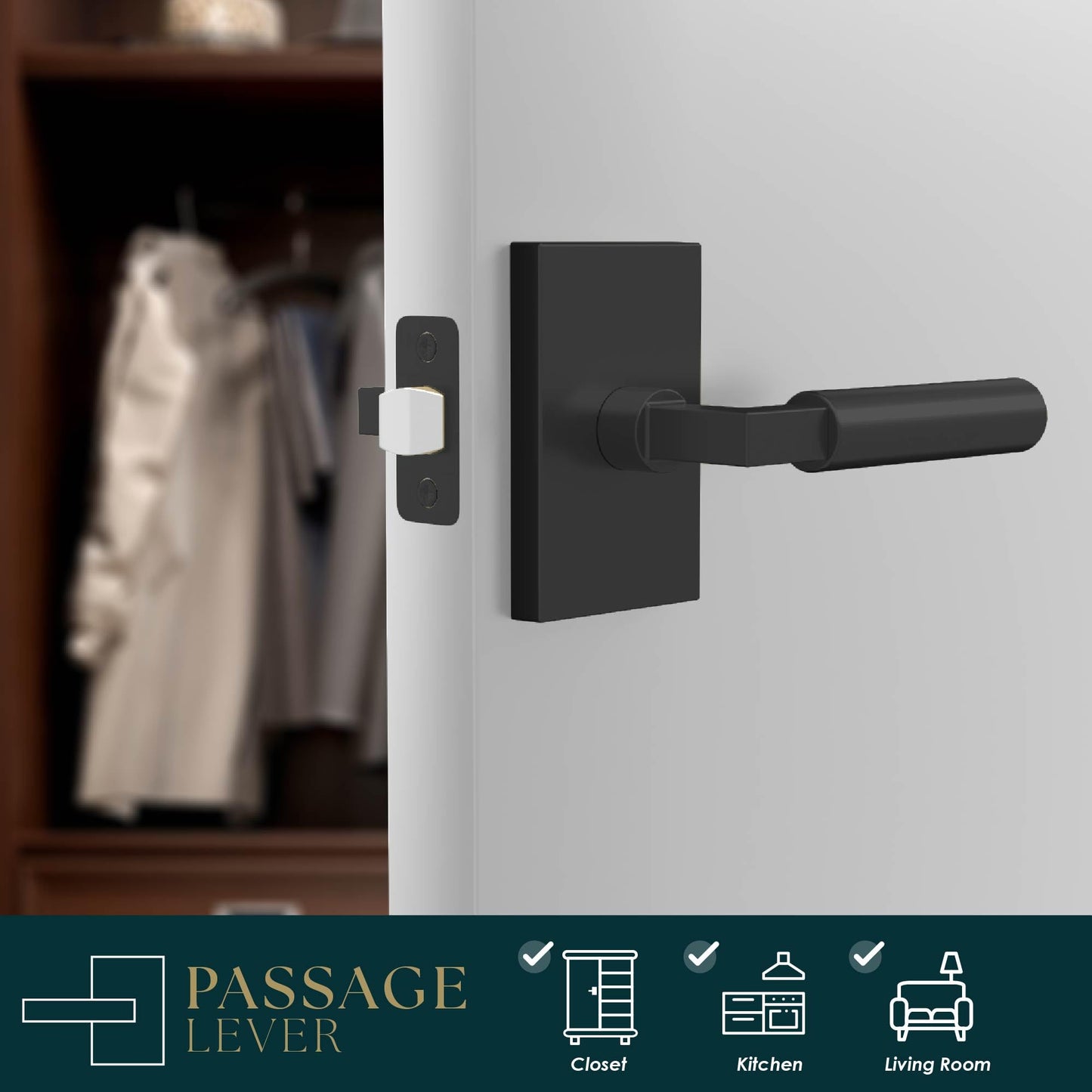 Mega Handles Camden Passage Door Handle - 1 Pack Reversible Black Door Handle, Heavy Duty No Lock Door Handles Interior for Closet & Hallway, Fits All Standard Door Sizes - Matte Black