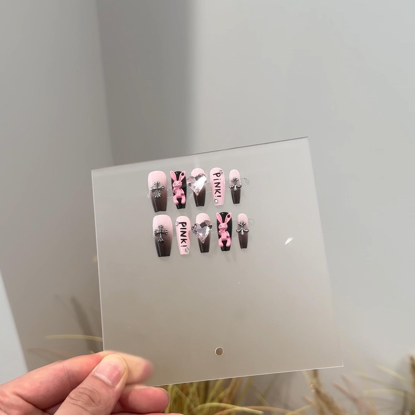 fake nails with 3D pink bunny & black cross charms, sweet yet edgy pink & black ombre design, stylish fake nails for women & girls (Medium)