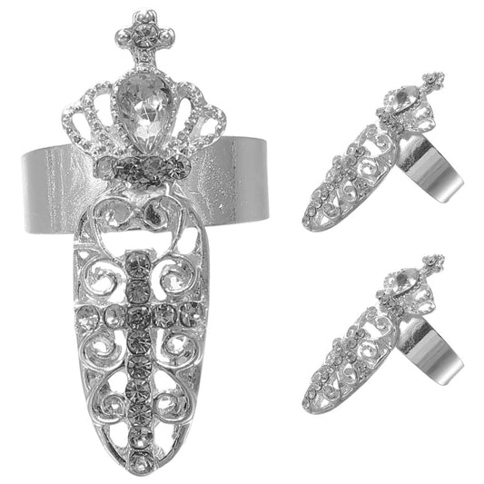 Healvian 3Pcs Rhinestone Crown Fingernail Rings Set Silver Alloy Hand Joint Rings Fashion Finger Jewelry for Women Nail Art Decoration