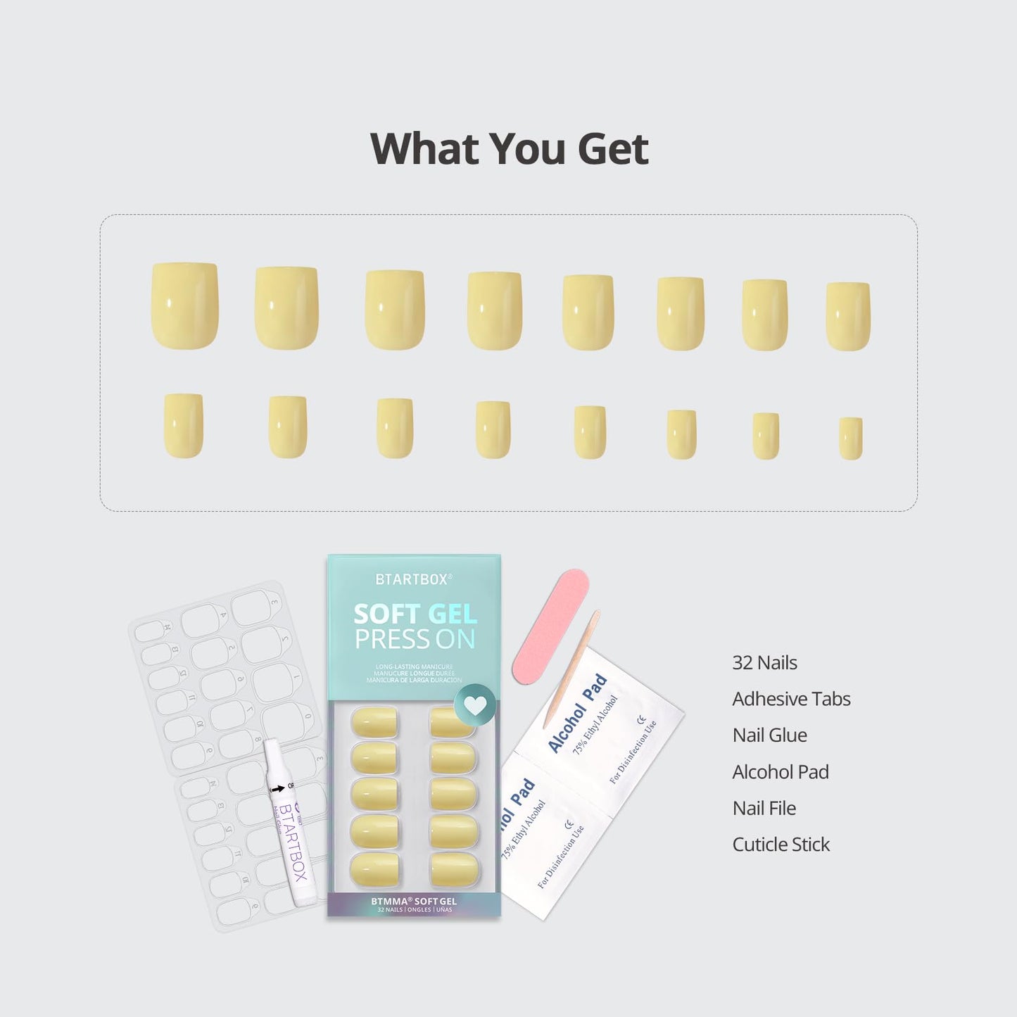 BTArtbox Press On Nails Short - Pastel Yellow Square Press On Nails with Glue for Women, Opaque Soft Gel Glue On Nails in 16 Sizes - 32 Stick On Nails Kit, Lemon Sprint