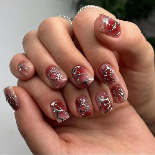 24Pcs Red Brown Ombre Fake Nails Short Square Press on Nails with Silver Line Rhinestones Charms Designs Nude Nail Tip Kit Glossy Full Cover Glue on Nails Reusable Stick on Nail for Women Manicure