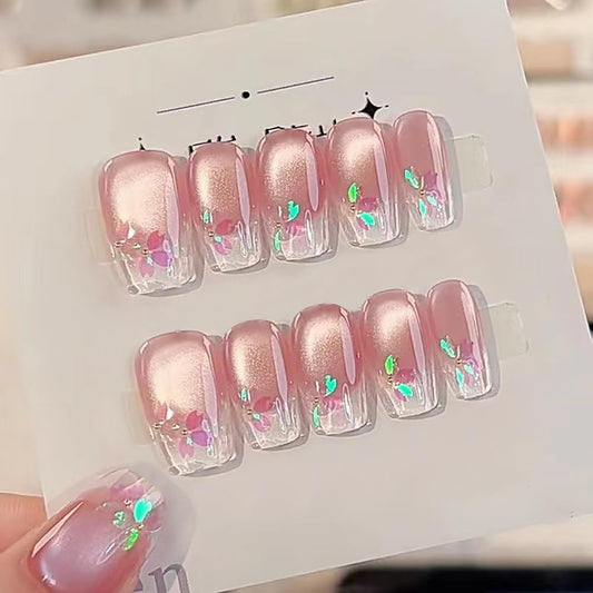Hantyer Handmade Press on False Nails - Medium Coffin Nails, Pink Ombre French Tips with Cat Eye & Aurora Sakura Design, 10pcs Glossy Finished Reusable Gel Nails with Pearls Gift for Women (Size L)