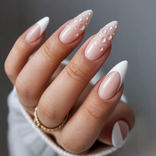 French Tip Press on Nails Medium Almond Acrylic False Nails nude Ombre White 3D Water Droplets Fake Nails Full Cover Stick on Nails for Women Manicure Decoration 24Pcs