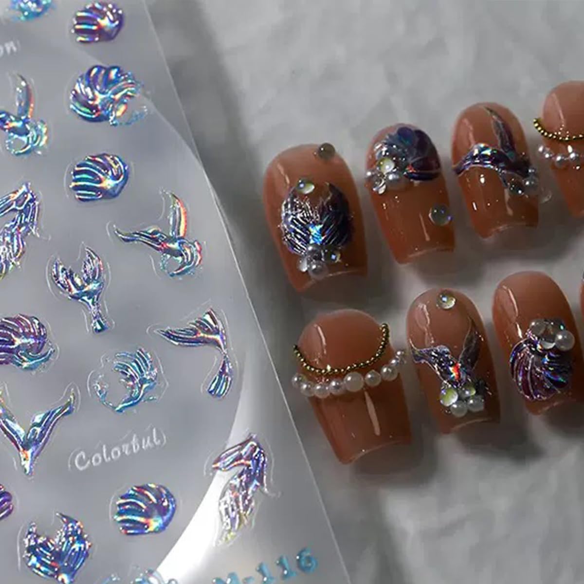 5D Embossed Nail Stickers Summer Nail Art Stickers Sea Waves Nail Decals Self-Adhesive Blue Aurora Fish Tail Designs for DIY Manicure Decoration Hollow Nail Art Supplies for Women