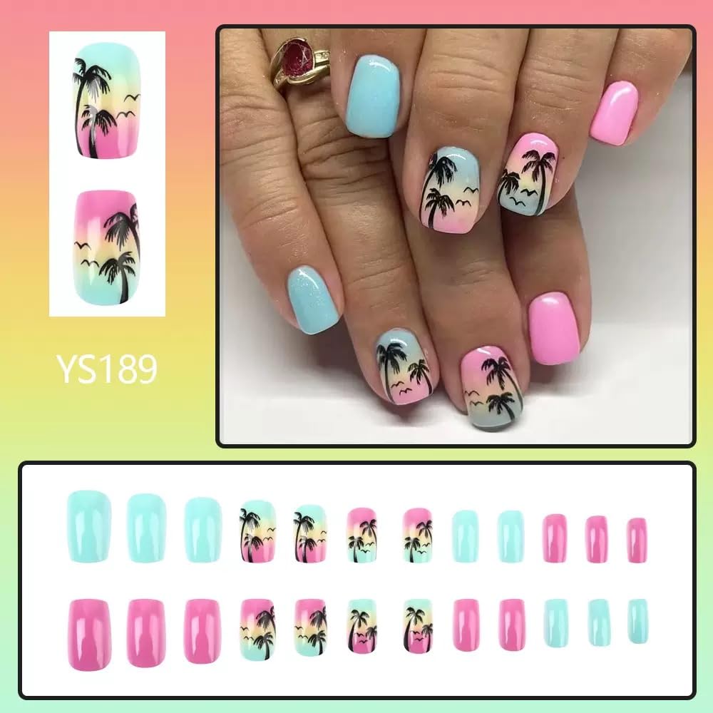 CTTHNBD Press on Nails Short - Square Fake Nails with Coconut Tree Design - Pink Blue False Nails Press ons - for Women Summer Manicure 24 Pcs
