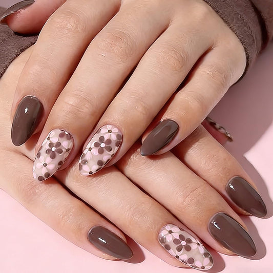 Flower Press on Nails - Short Almond Fake Nails Press ons with Floral Designs, Brown Nails Glossy Acrylic Nails Full Cover Glue on Nails for Women Manicure 24Pcs