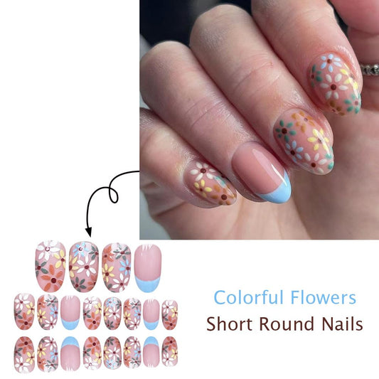 Blue French Tip Press on Nails Medium - Almond Fake Nails Spring Floral Nails Press ons - Cute Colorful Flower False Nails Summer Full Cover Glue on Nails Reusable Nails for Women 24Pcs