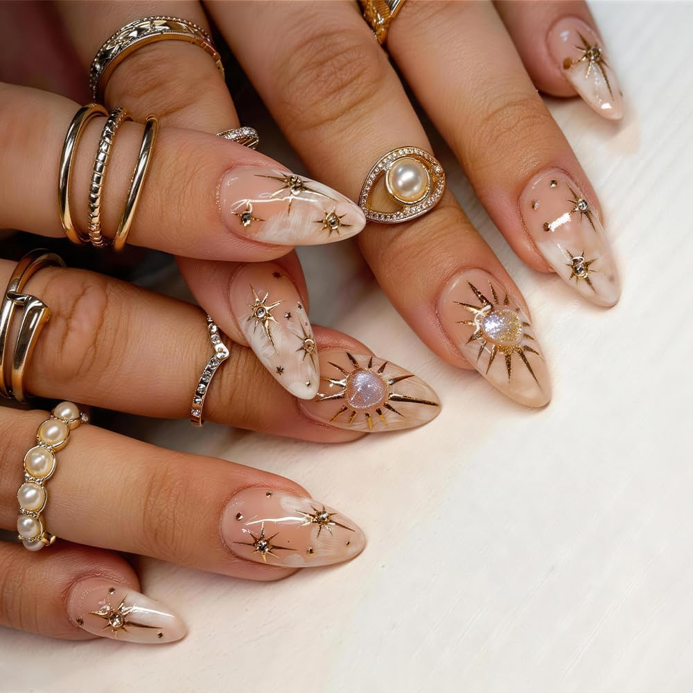 evpct 3D Nude Bohemian Design Press on Nails Medium Almond No Glue, Nude Gold Star Glossy Stick on Nails for Women with Kit, Reusable Soft Stick on Fake Nail with 3D Gold Stars Designs Perfectly Fit