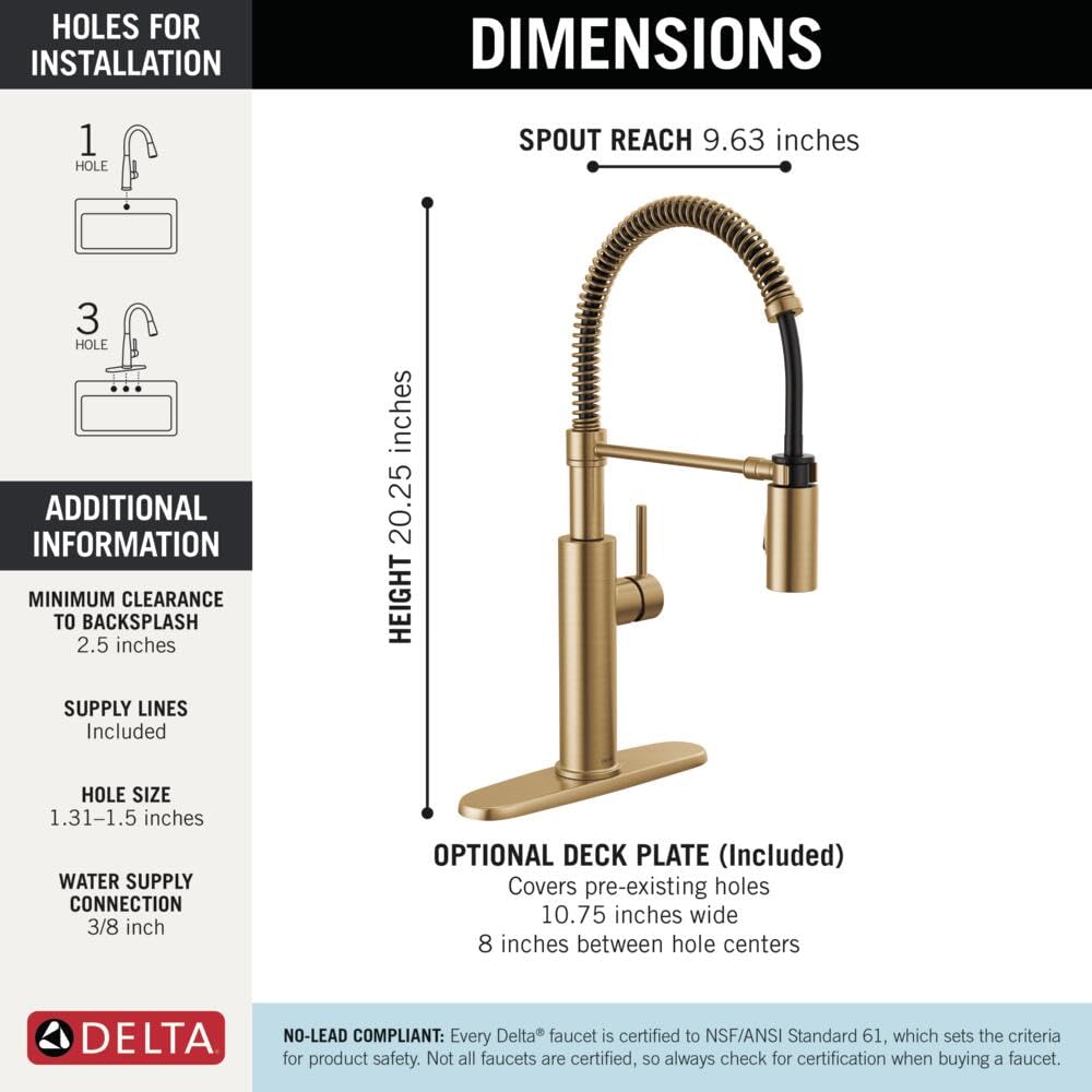 Delta Antoni Pro Style Commercial Kitchen Faucet with Pull Down Sprayer, Single Hole Brushed Gold, Single Handle, Champagne Bronze 18803-CZ-DST