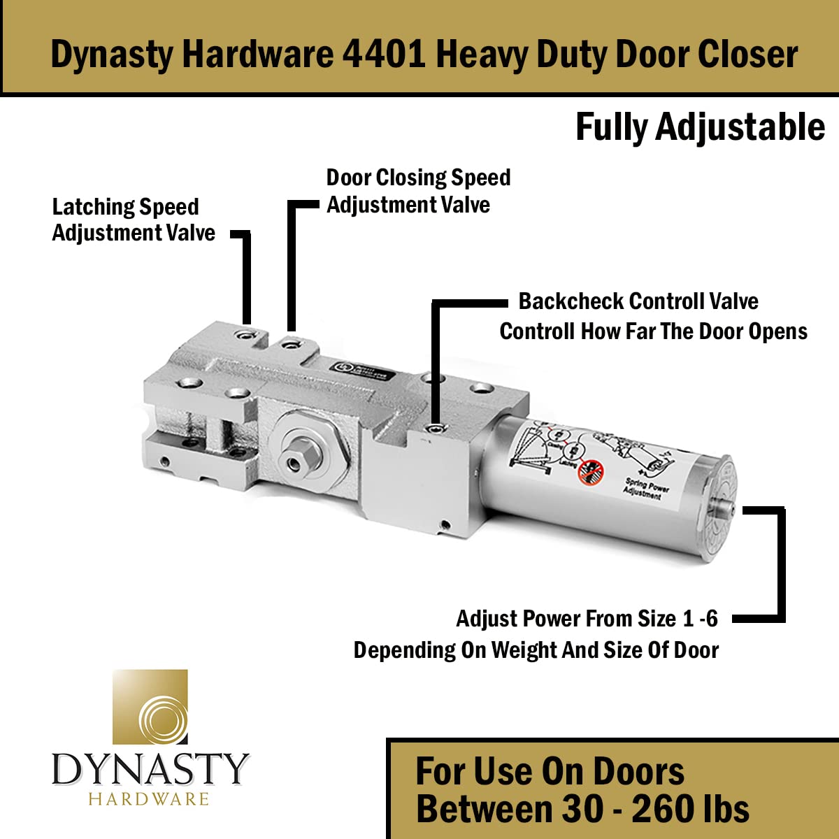 Dynasty Hardware Door Closer, Grade 1 Heavy Duty Commercial Hydraulic Closer & Hold Open Arm, Self-Closing, Adjustable Spring Size 1-6, ADA Compliant, Surface Mount, Sprayed Aluminum, Series 4401