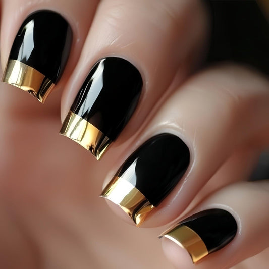 French Tip Press on Nails Square Shape Fake Nails Medium False Nails Gold Nail Tip Black Acrylic Nails Full Cover Glossy Stick on Nail Spring Summer Holiday Glue on Nails for Women Manicure 24 Pcs