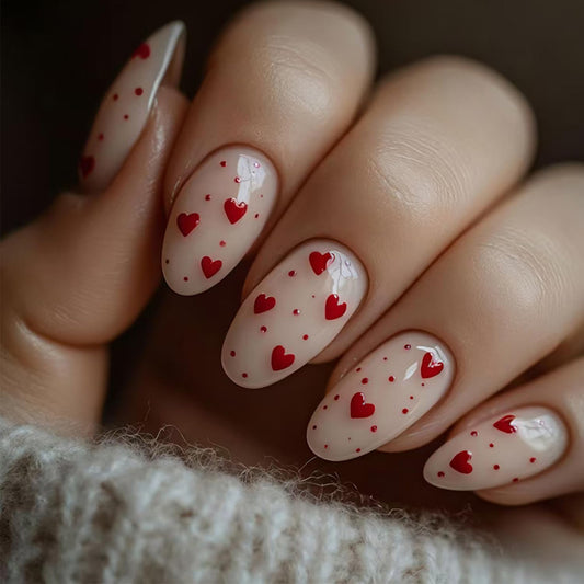 Valentine's Day Press on Nails Small Heart Polka Dot Fake Nails with Glue Red Hearts Glitter Glossy Design False Nails for Women DIY Manicure Valentines Nail Decoration Supply 24Pcs